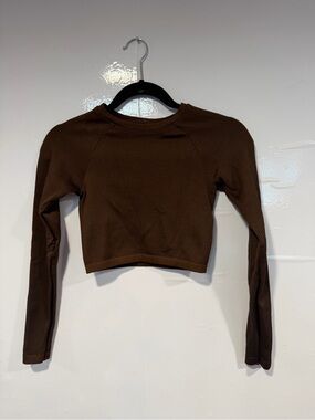 Long-Sleeve Cropped Ribbed Top in Brown